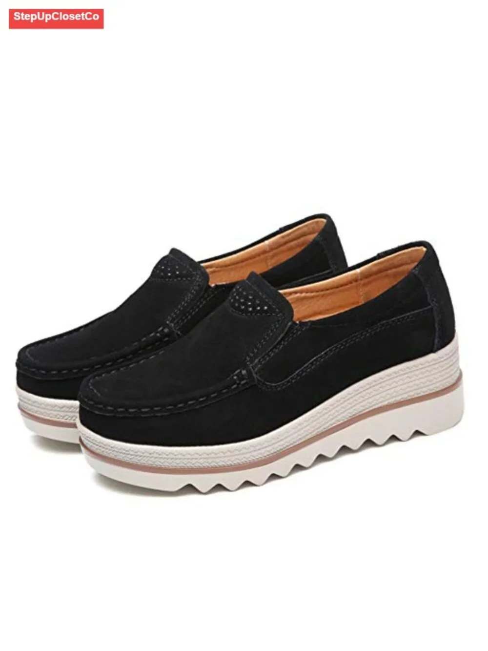 Suede Platform Wedge Slip On Loafers Comfortable Round Toe Work Shoes